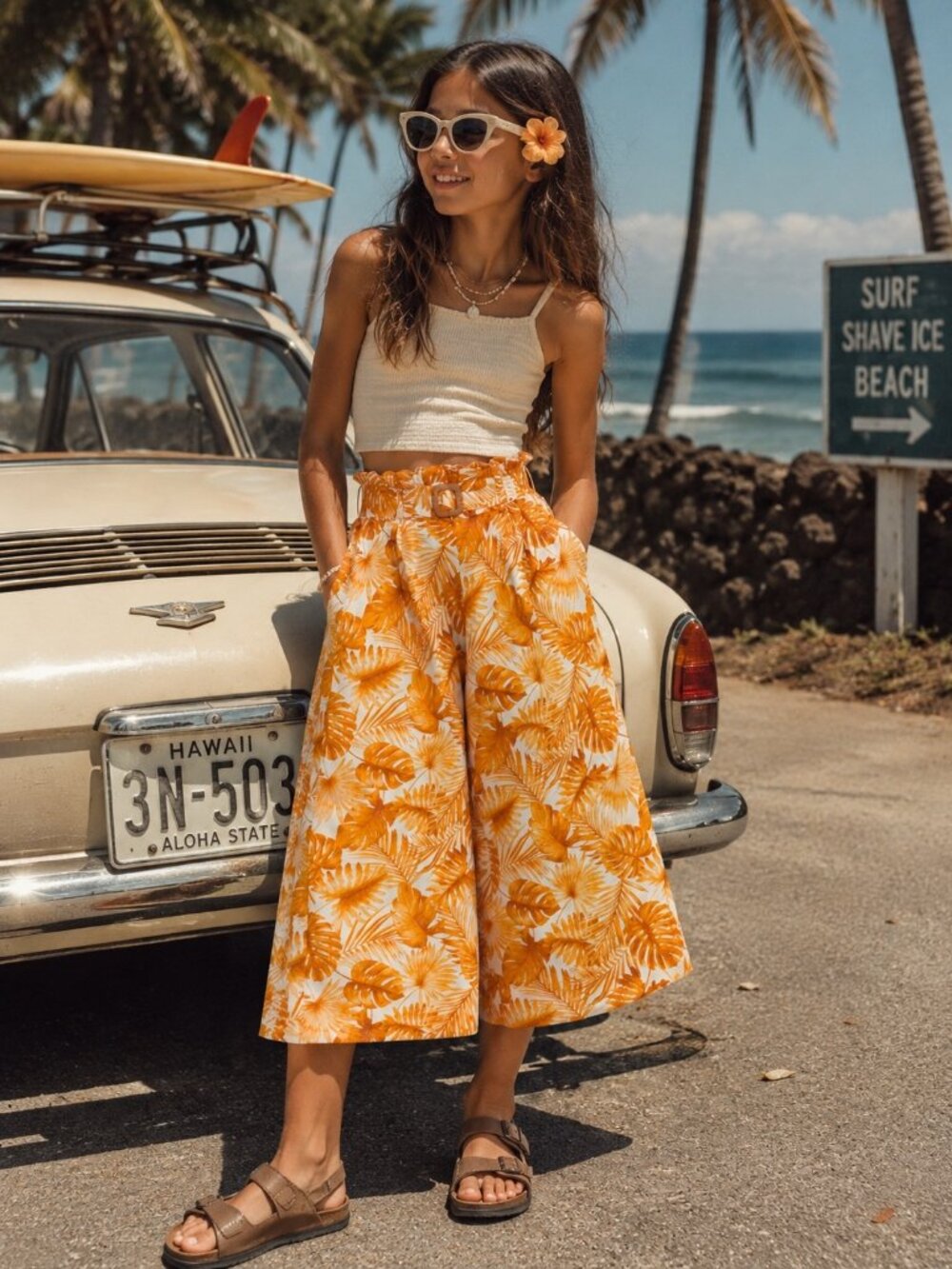 Janie and Jack Girls Size 12 Tropical Palm Leaf Wide Leg Pants Belted Resort